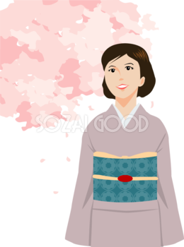 桜の木の下を歩く着物姿の花見する女性  無料イラスト