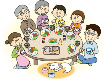食卓を囲む６人家族 無料イラスト