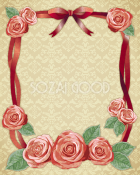 リボンと薔薇で囲むダマスク柄のかっこいい無料フレーム素材 枠 飾り25037