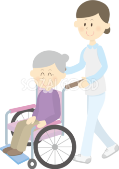 介護士女性が車いすの老人女性を押すイラスト