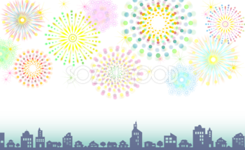 夏祭りに街に打ち上がる花火（背景白パターン） 背景イラスト無料フリー30304