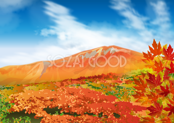 秋の青空と山裾が紅葉している無料背景イラスト32575