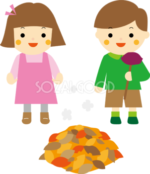男の子と女の子が笑顔で落ち葉で焼き芋をしている 秋の無料イラスト33468