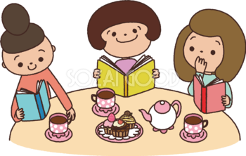 若い女性が3人でお菓子を前に読書会をしている様子 秋の無料イラスト33512