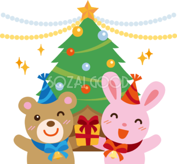 冬 かわいいイラスト 無料 フリー「クリスマスツリーとウサギ&クマ」34735
