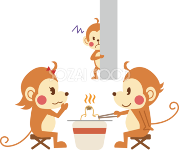 かわいい猿の無料 フリー イラスト年賀状や干支 餅を焼く猿35981