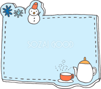 冬の枠 無料イラスト( 雪とお茶と結晶)38523