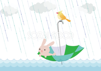 水面に浮く雨の中傘に乗るウサギと鳥の背景無料イラスト／梅雨46385