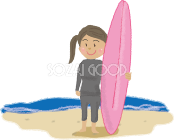 サーフィンボードを持つかわいい女性の無料イラスト／海46773