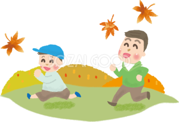 親と子どもが紅葉の野原を楽しそうに走る無料イラスト／秋51811