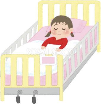 かわいい小児が病院のベッドで寝ている無料イラスト(女の子)／病院52010