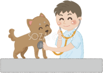 犬を聴診器で診察するお医者さん（獣医）無料イラスト52582