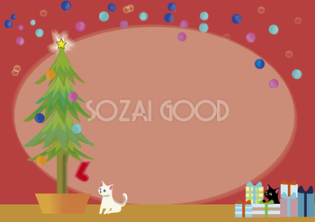 クリスマスツリーと猫のフレーム無料イラスト59044