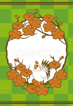 2017年賀状(梅と酉 鶏)和風柄の飾り枠フレームの干支無料イラスト59337