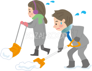 雪かきをする男性と女性会社員の無料イラスト61669