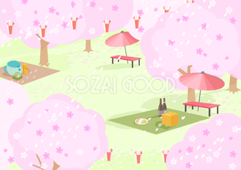 桜満開の花見会場の背景無料イラスト62425