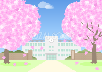 桜満開の学校の背景無料イラスト62433