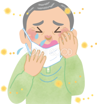 おじいちゃんの花粉症 無料イラスト(マスク くしゃみ 鼻水 目の痒み)62738