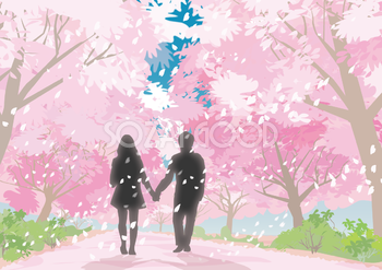 リアルな桜の木道を花見するシルエット背景無料イラスト65450
