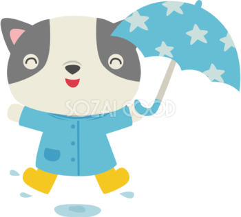 フレンチ・ブルドッグ(犬) 梅雨・傘 かわいい動物無料イラスト67498
