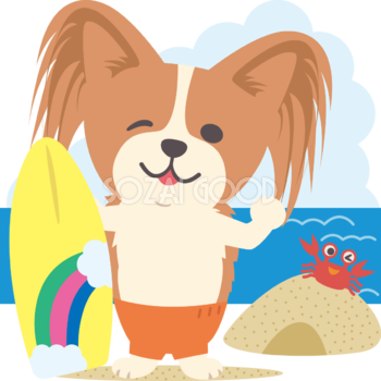 パピヨン(犬)海開き かわいいサーフィン無料イラスト67930