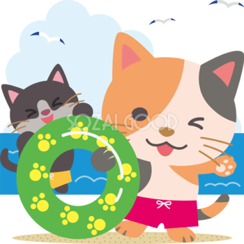猫の海開き かわいい動物無料イラスト/夏68472