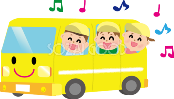 保育園バスから顔を出し歌う子供たちの無料イラスト71110