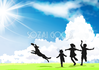 犬と遊ぶ子供達のシルエットと夏空の積乱雲(入道雲)リアルな背景無料イラスト71681