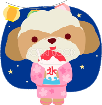 シーズー(犬)(夏祭りでかき氷)かわいい動物無料イラスト72859
