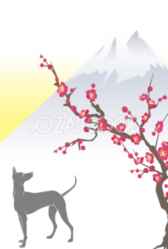 赤梅と犬シルエット 和風2018(戌)背景無料イラスト80318