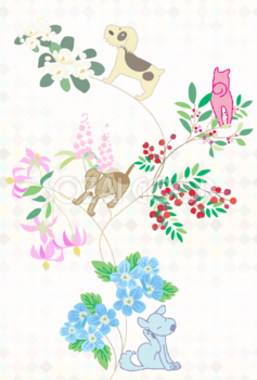 犬と花とつるのおしゃれ(縦)背景無料イラスト80361