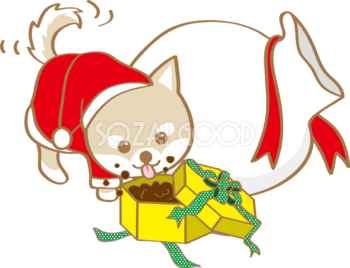 かわいいクリスマス(プレゼントを食べる芝犬サンタクロース)無料イラスト80521