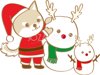 かわいいクリスマス(雪だるまを作る柴犬サンタクロース)無料イラスト80556