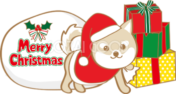 かわいいクリスマス(プレゼントを引きずる犬サンタクロース)無料イラスト80561
