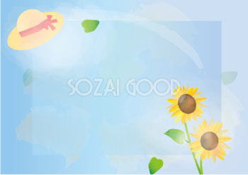 ひまわり(シンプル)(麦わら帽子と空青色)花のフレーム 背景の無料イラスト81319
