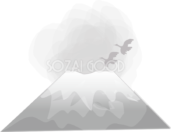 白黒 富士山と鶴 無料イラスト82714
