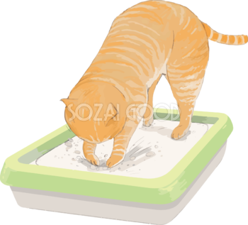 猫(トラ柄の雑種ミックス)トイレの砂を掘るリアル無料フリーイラスト83255