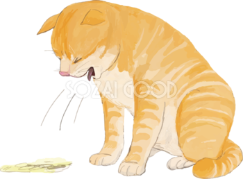 猫(トラ柄の雑種ミックス)毛玉を吐くリアル無料イラスト83278