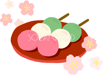 かわいい満開の桜とカラフルなお団子(和菓子)イラスト無料(フリー)83372