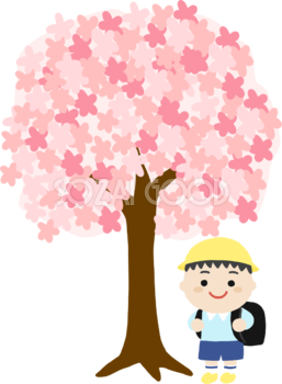 桜の下にいる黒いランドセルに黄色い帽子の男の子イラスト無料(フリー)83550