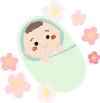 桜の花に囲まれた赤ちゃんイラスト無料(フリー)83553
