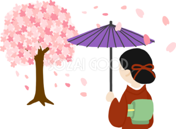 桜の木を花見する和傘をさす着物後ろ姿の美人女性イラスト無料(フリー)83555
