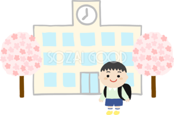 桜を背景に小学生男の子が進学し入学するイラスト無料(フリー)83563