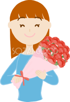 母の日「お母さん若者20歳代」カーネーション花束を持つフリー無料イラスト83693