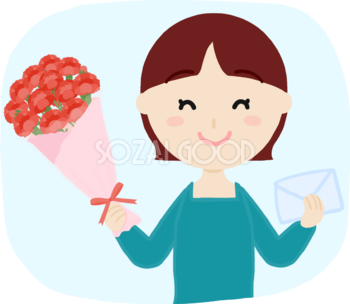 母の日に笑顔でカーネーションを持つ女の子が花束と手紙を贈る無料フリーイラスト83706