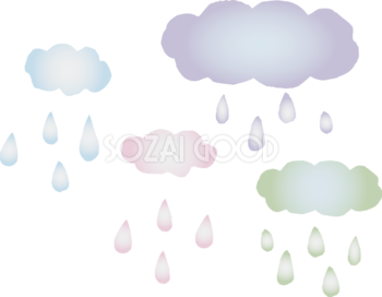 パステルカラーの雲と雨のかわいい梅雨の無料フリーイラスト83823