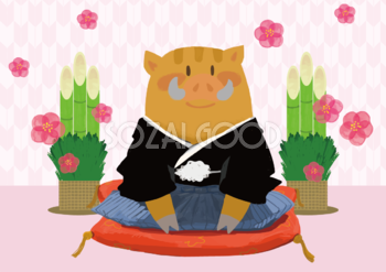 かわいいイノシシ袴の亥年の年賀状背景イラスト無料フリー84792