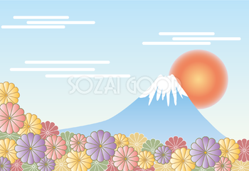 かわいい和風富士山と綺麗な花々の背景イラスト無料フリー84961