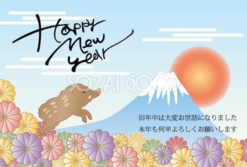和風富士跳ねるイノシシ亥年の年賀状テンプレートイラスト無料フリー85008