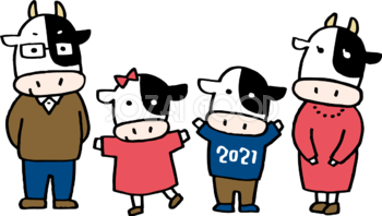 擬人化した4人家族の牛（正面） 2021 かわいい丑年イラスト無料 フリー86055